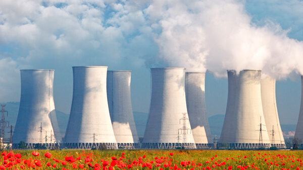 Cooling towers at a power station emitting steam with red poppies in the foreground under a partly cloudy sky.